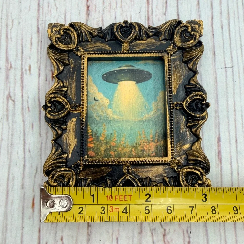 Miniature UFO Alien Art Print in Ornate Black Gold Baroque Resin Frame 3.25in